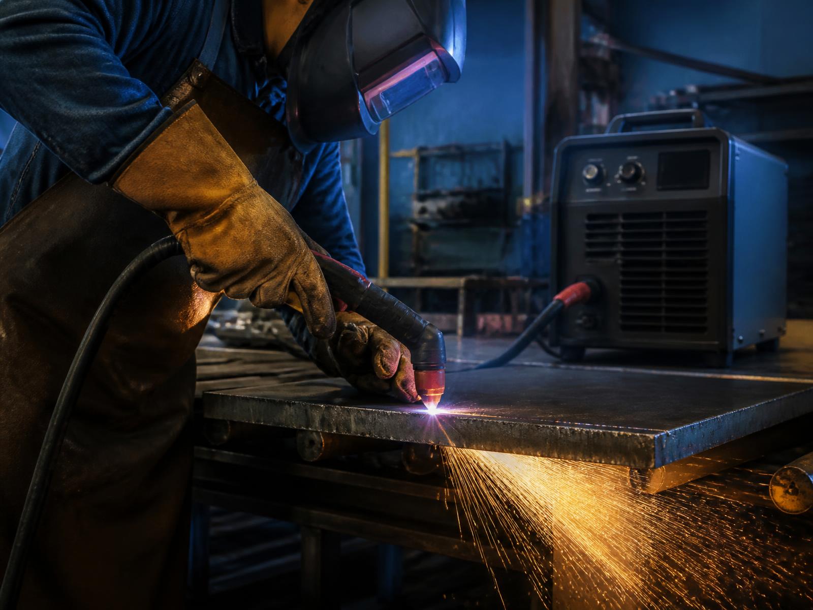 Técnico realizando corte de metal por plasma